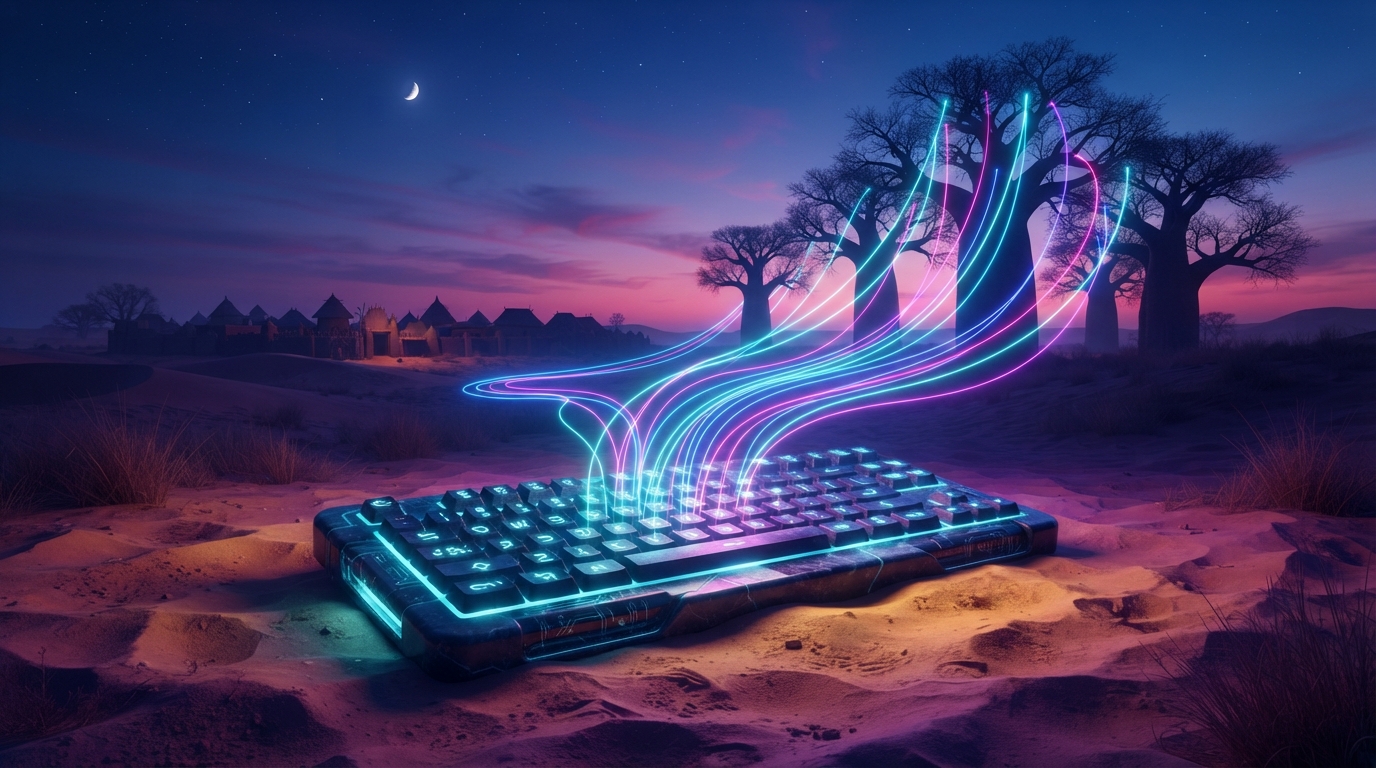 A glowing keyboard on Sahel sand at dusk, neon threads of light rising toward baobab trees and village rooftops