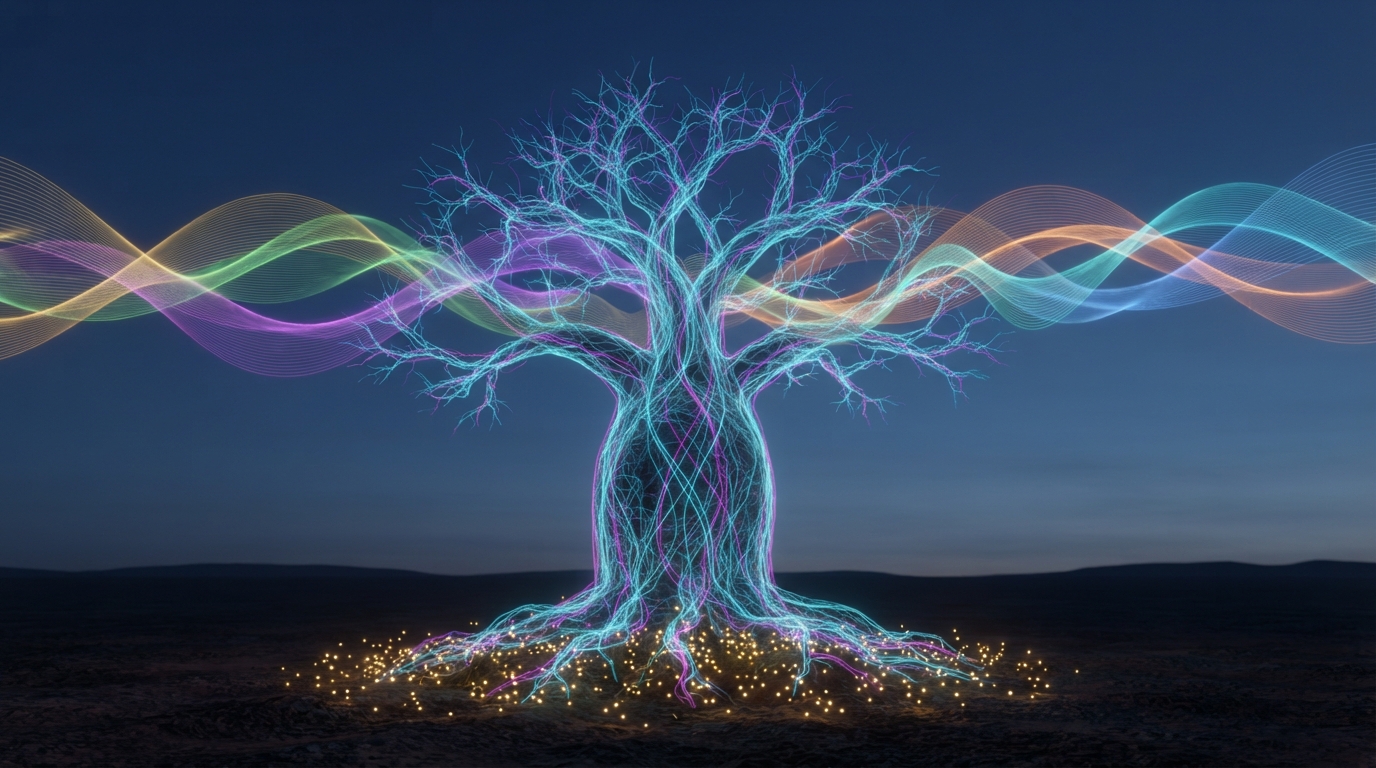 A baobab tree of glowing cyan and magenta data filaments at dusk, ribbons of colored sound waves flowing through its branches, golden lights at its roots