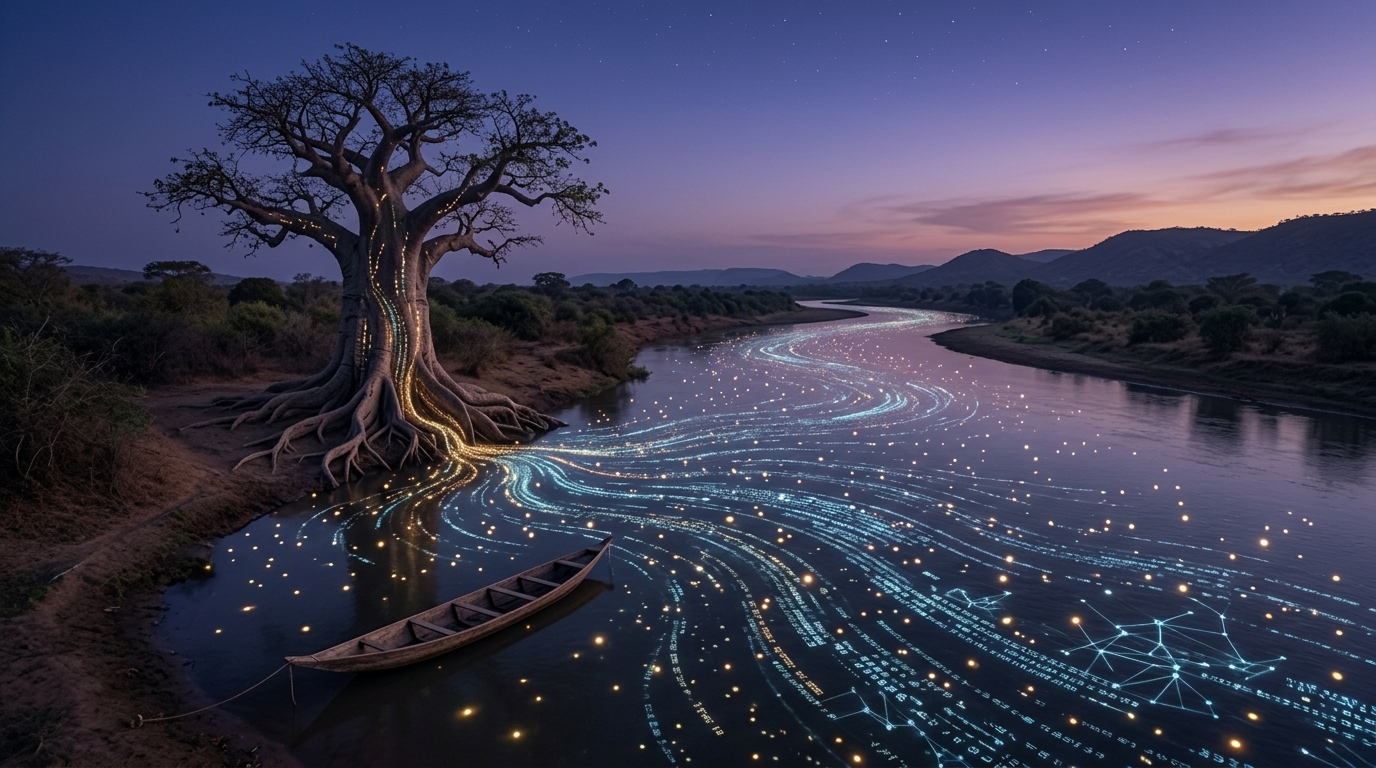 At dusk a wide West African river carries countless points of light past a baobab whose roots reach into the glowing water, an empty pirogue at the shore.