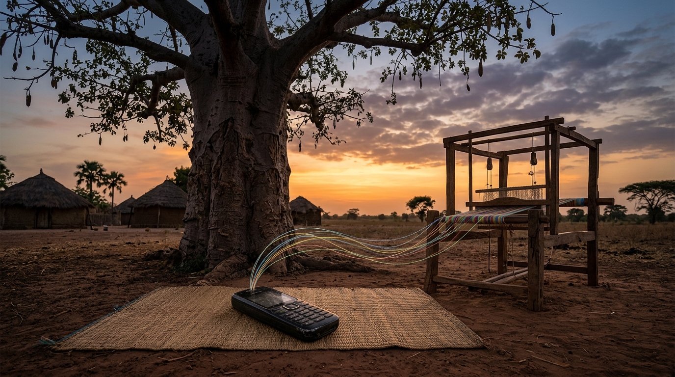 A baobab at dusk beside a village, with an unfinished loom and threads of sound drifting toward it