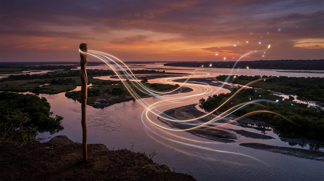 A carved wooden staff on the bank of a braided river delta at twilight, ribbons of light flowing from it along the water