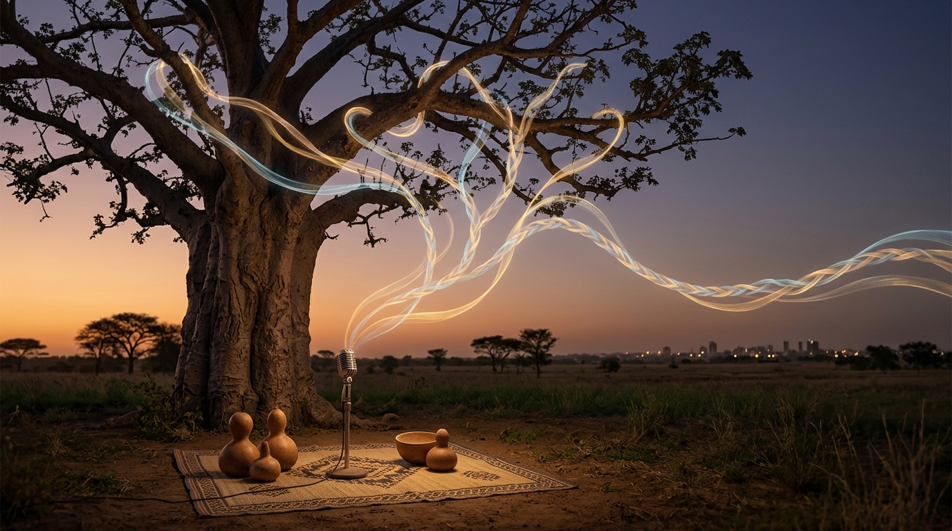 A baobab at dusk in Senegal with ribbons of light rising from an old microphone into its branches