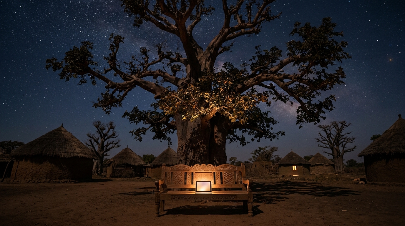 A great tree in a Senegalese village at night, a small glowing screen resting on an empty bench beneath it