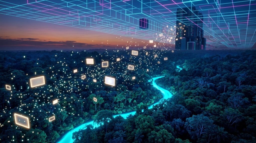 Selva amazónica al anochecer con un río cian; partículas de luz y pantallas flotantes ascienden hacia una cuadrícula geométrica de datos en el cielo