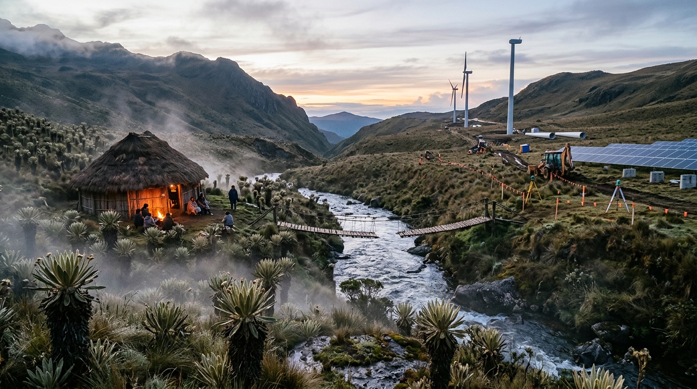 Páramo andino al amanecer: a un lado del río avanzan paneles solares y aerogeneradores, al otro una casa comunitaria iluminada; un puente colgante sin terminar los une.