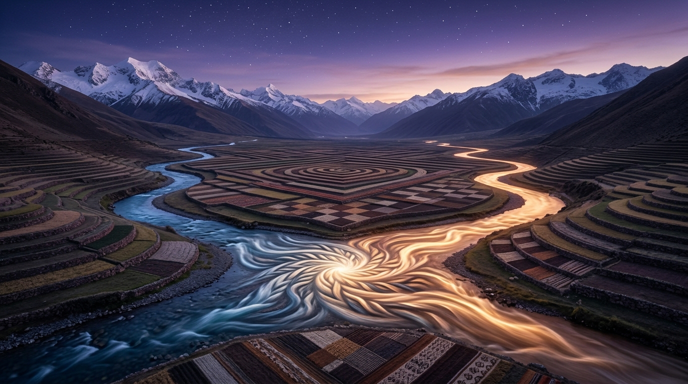 At twilight in an Andean valley of stepped terraces, a river of glacial water and a river of light meet and braid together in textile-like patterns.