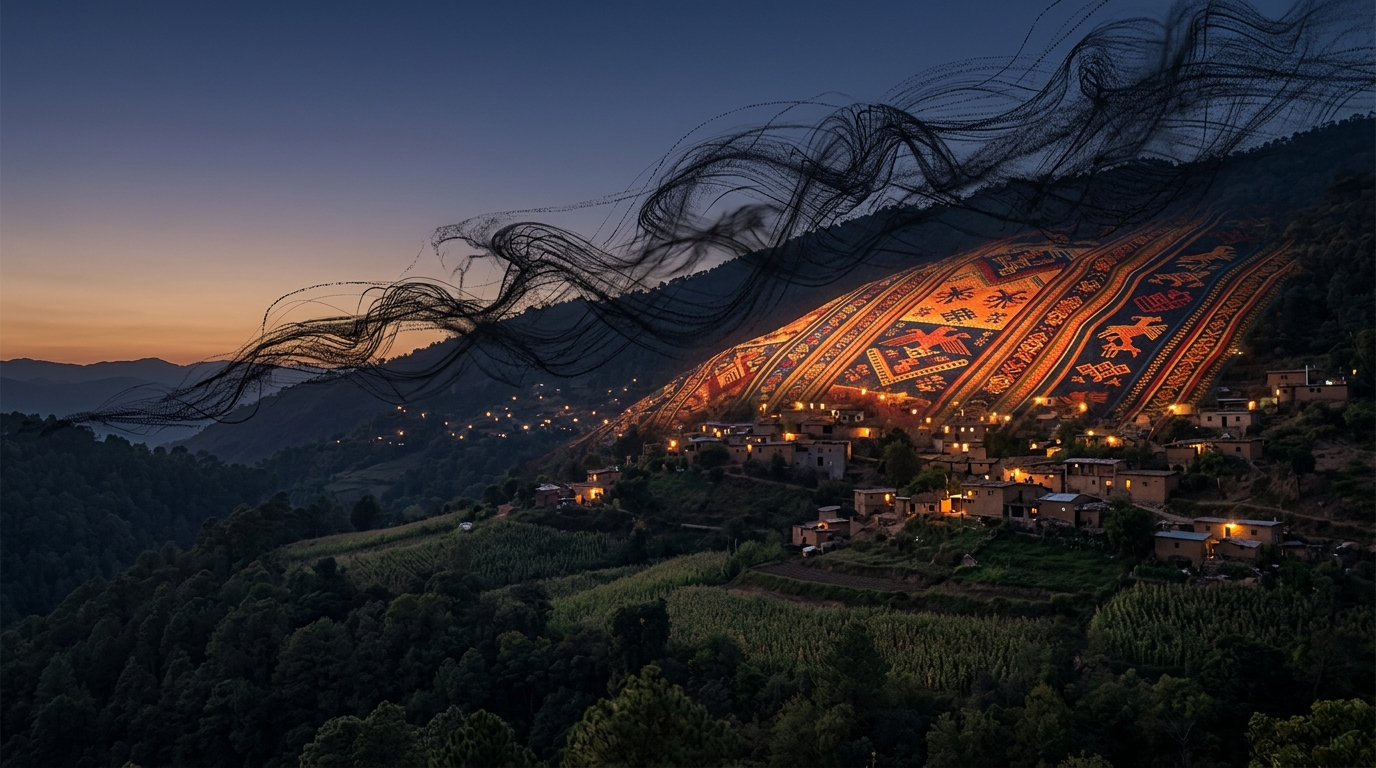 Un pueblo de montaña al anochecer, con luces de teléfonos encendidas en las casas; hilos oscuros de ruido digital se acercan desde la cresta y las luces del pueblo se entretejen en un patrón textil protector sobre los tejados.