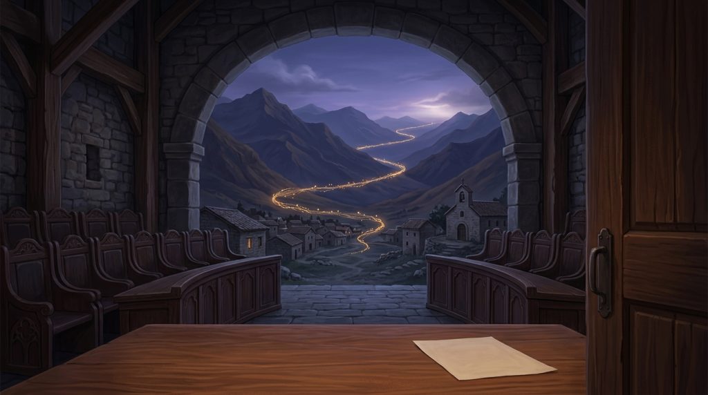 An Andean valley at dusk seen through an empty chamber, a thread of light running from a stone village toward the north