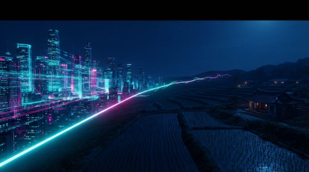 A neon-lit city skyline at night joined by a single line of light that thins and flickers as it crosses dark terraced rice paddies toward a small farmhouse