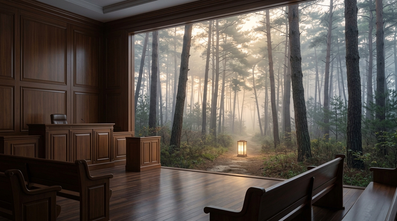 An empty wood-panelled courtroom opens at the back onto a misty Korean pine forest, a single paper lantern glowing on the path outside.