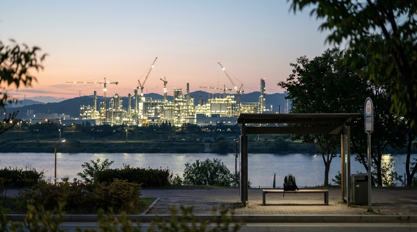 A semiconductor fab glowing across a river at dawn near Seoul, an empty bus stop with a lone backpack in the foreground