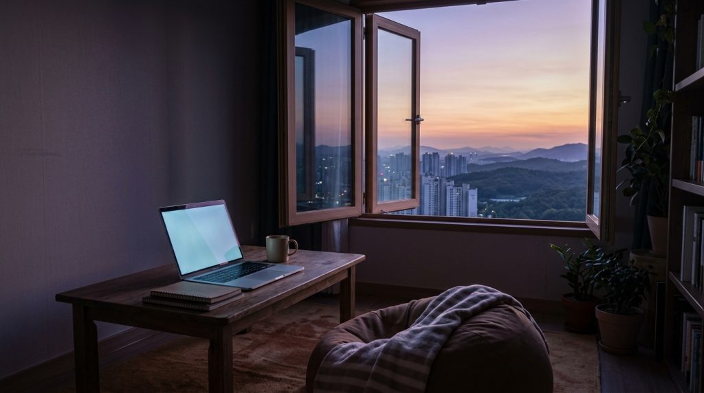 A dim Seoul room at 3 a.m., a glowing laptop beside an open window onto a wide dawn landscape