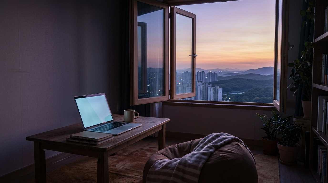 A dim Seoul room at 3 a.m., a glowing laptop beside an open window onto a wide dawn landscape