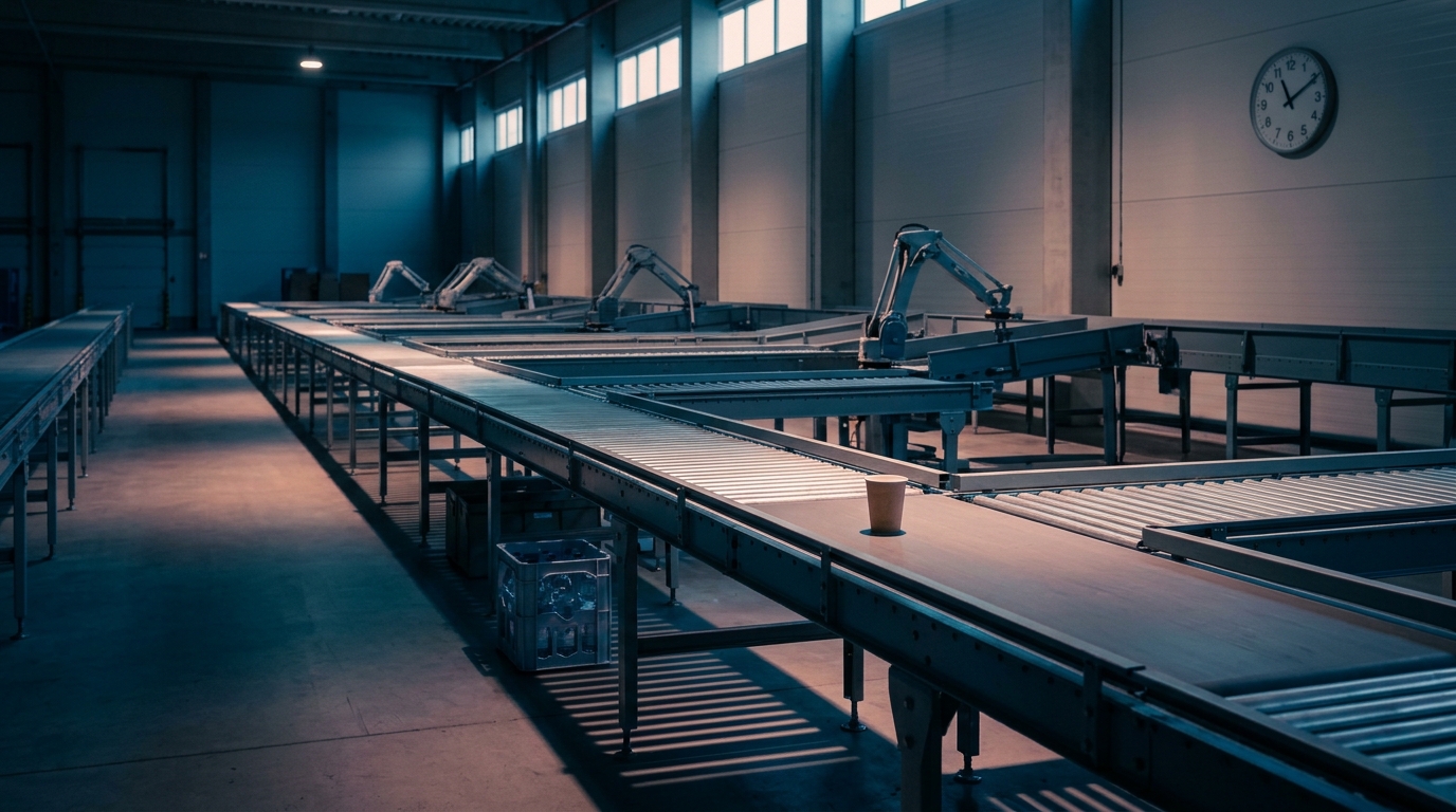 An empty logistics warehouse before dawn, conveyors at rest, a paper cup of water on the edge of a belt and a wall clock in the background