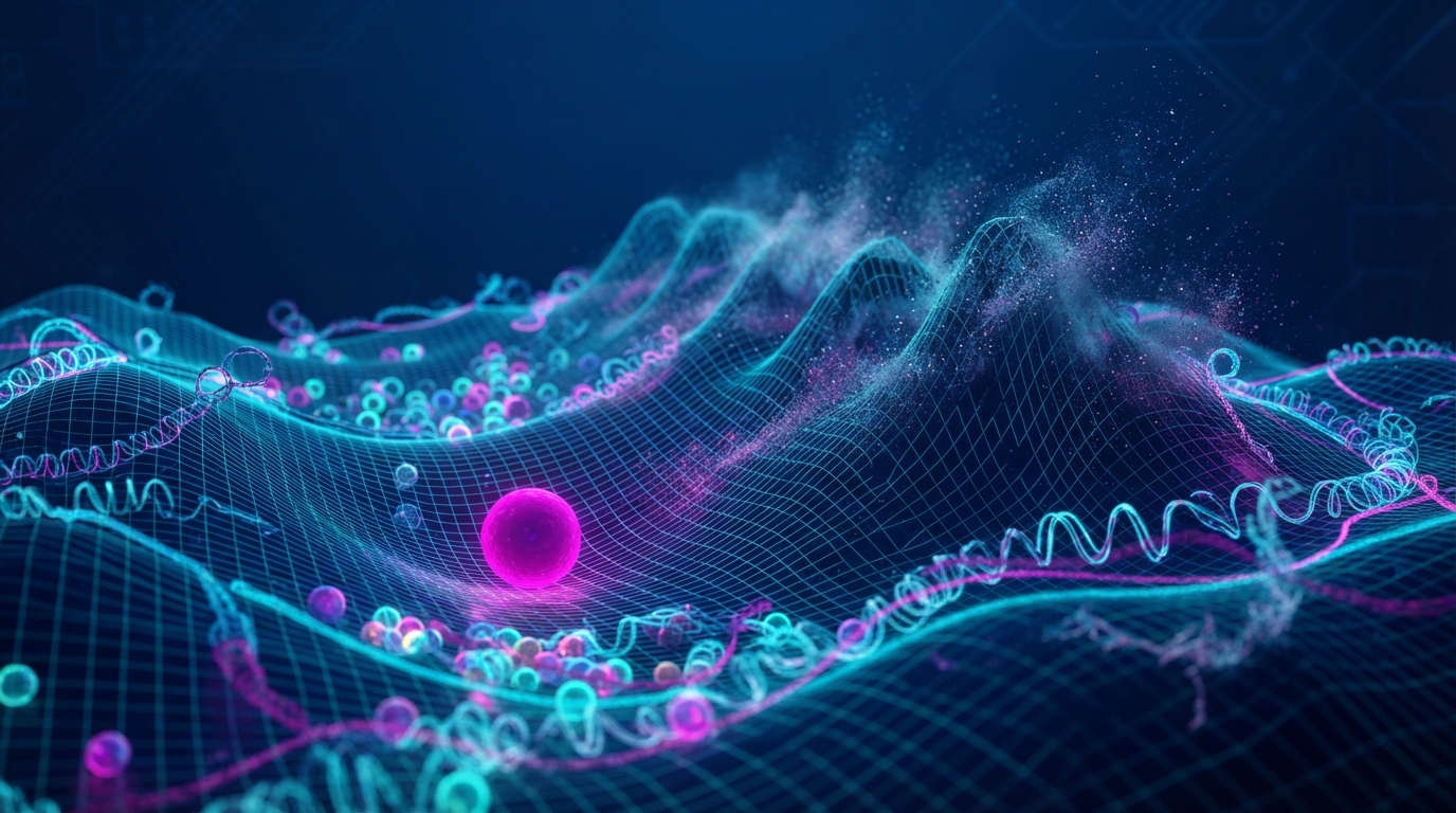 A neon wireframe landscape of valleys and ridges, a glowing magenta sphere in one valley as nearby ridges dissolve into particles