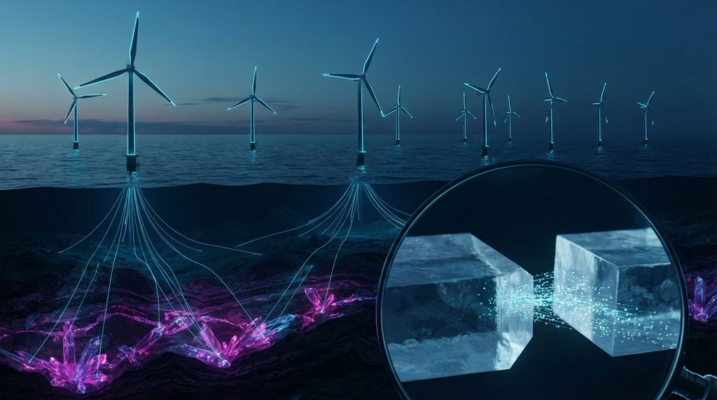 Offshore wind turbines at dusk above a seabed veined with glowing mineral crystals, and a magnified view of ions streaming across the junction of two crystal blocks