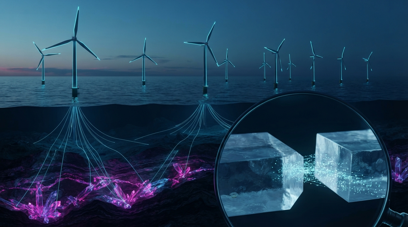 Offshore wind turbines at dusk above a seabed veined with glowing mineral crystals, and a magnified view of ions streaming across the junction of two crystal blocks