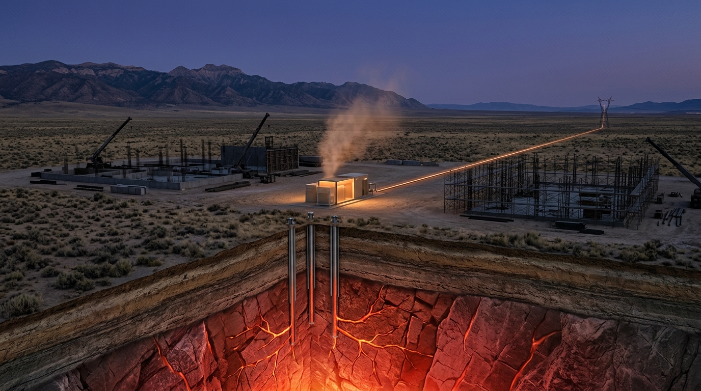 A high-desert basin at dusk: one small geothermal unit glows and steams beside dark unfinished foundations, with wells reaching down into glowing hot rock