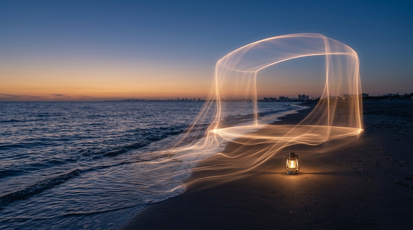A twilight shoreline where threads of light rise from the waterline into an open stage, a small lantern resting on the sand