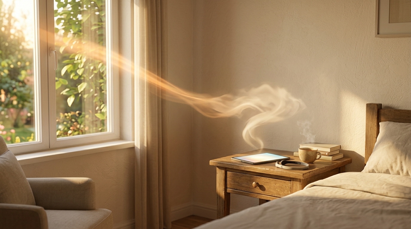 A sunlit bedroom in late afternoon, a glowing communication tablet and headband sensor on a bedside table where two streams of light meet
