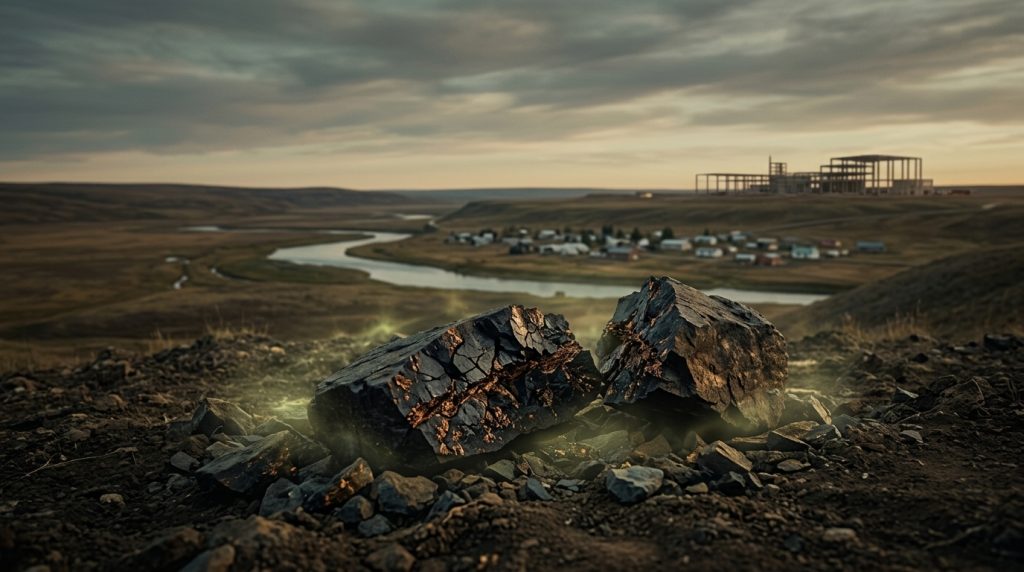 Split dark ore glowing faintly on a hillside above a river valley, with a small town and an unfinished refinery frame on the horizon