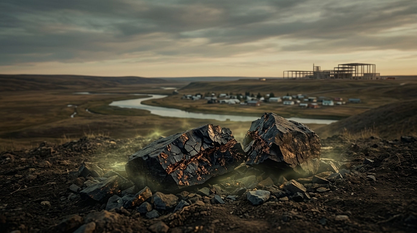 Split dark ore glowing faintly on a hillside above a river valley, with a small town and an unfinished refinery frame on the horizon