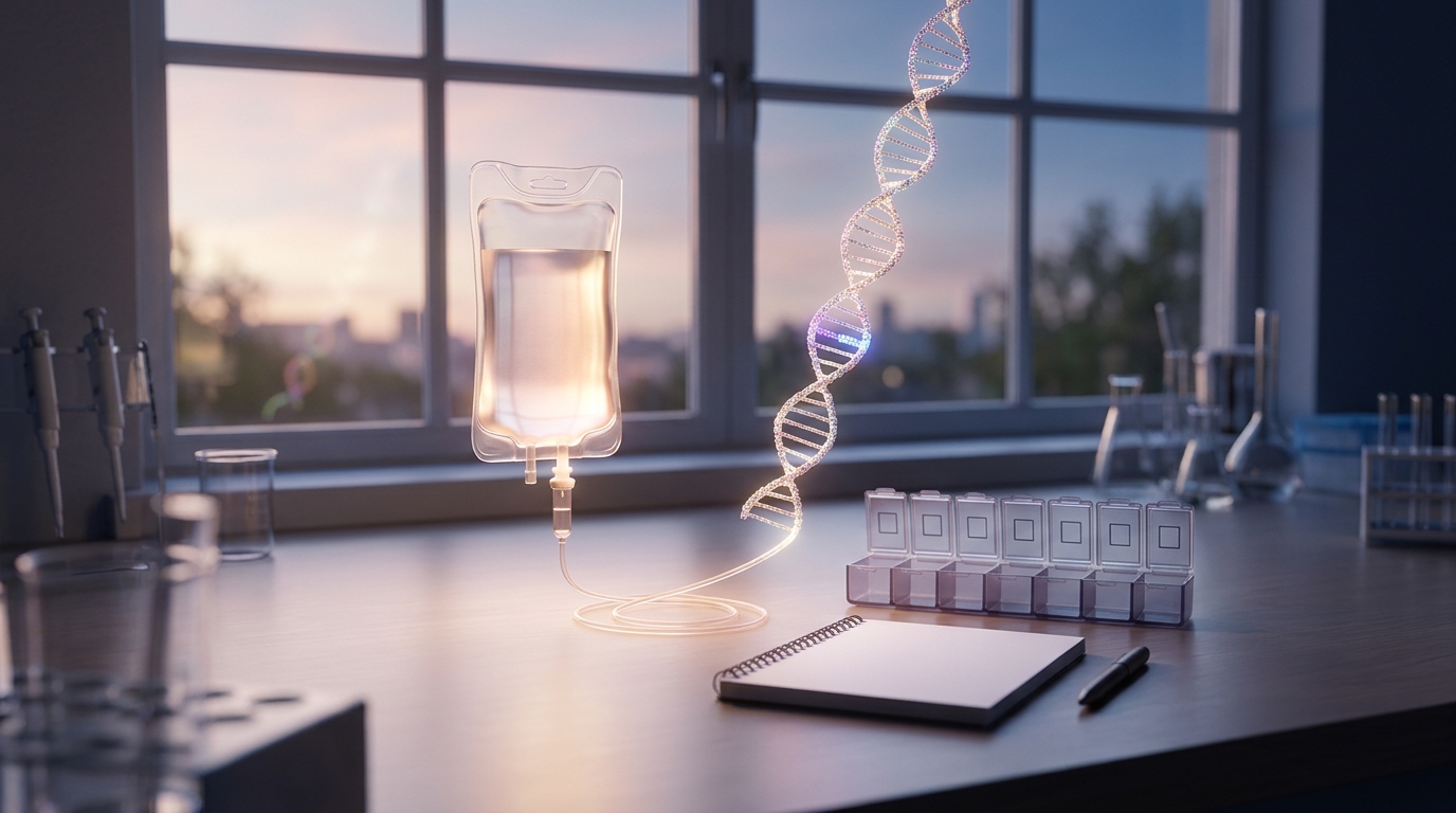A glowing infusion bag and a luminous DNA strand on a laboratory bench at dawn, beside an unused pill organiser and a blank notebook
