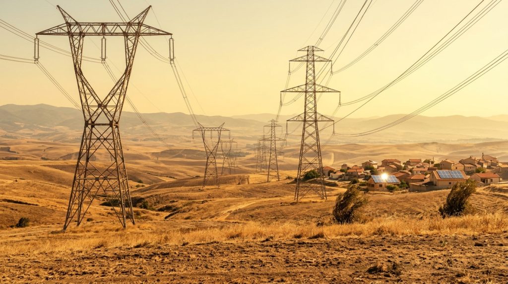 High-voltage transmission lines cross dry golden hills in summer heat, a small village with rooftop solar panels in the distance