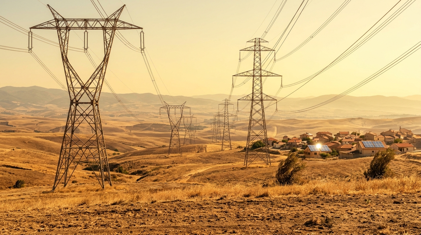 High-voltage transmission lines cross dry golden hills in summer heat, a small village with rooftop solar panels in the distance