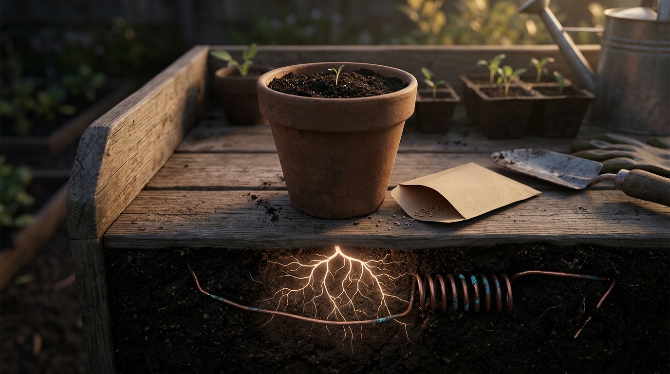 A clay pot on a potting bench at dawn, glowing roots branching beneath the soil beside a coiled copper wire