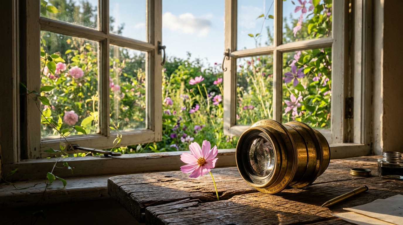 A brass instrument on a weathered worktable by an open window onto a flowering garden, a small flower growing through the wood