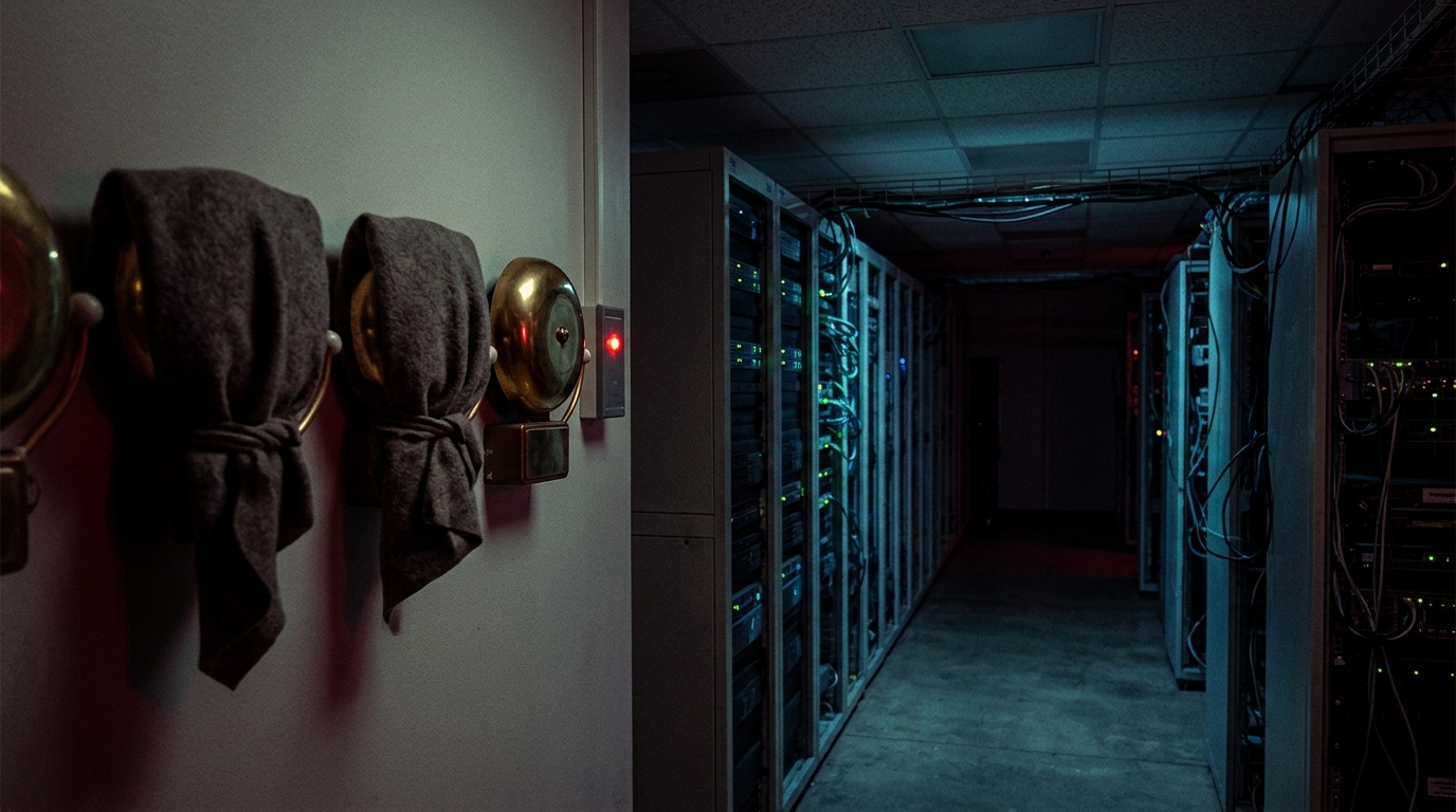 Brass alarm bells muffled with cloth beside a dim corridor of servers, one small red light still on