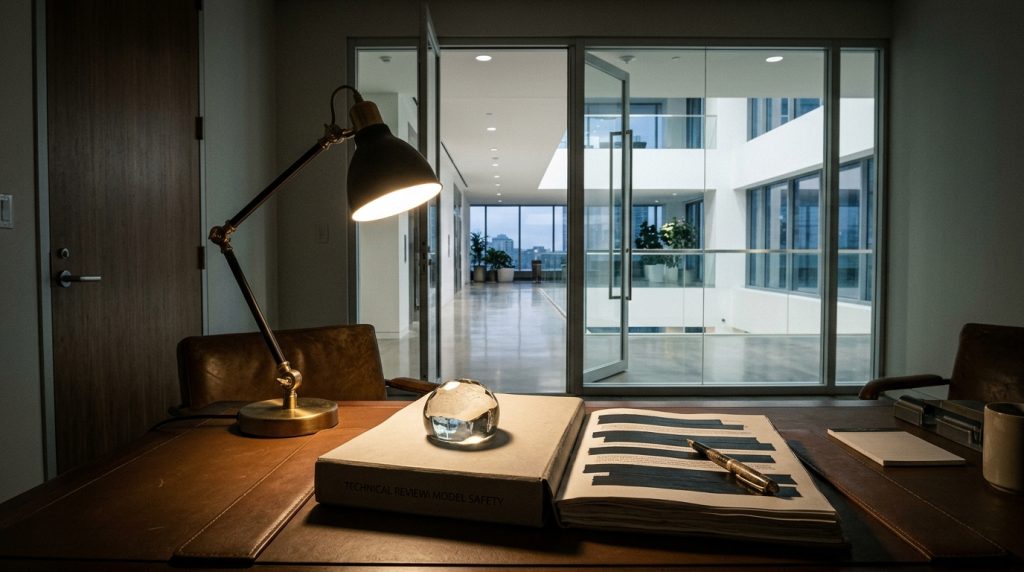A lamplit desk with an open report, some lines taped over, a glass door opening onto a bright corporate atrium