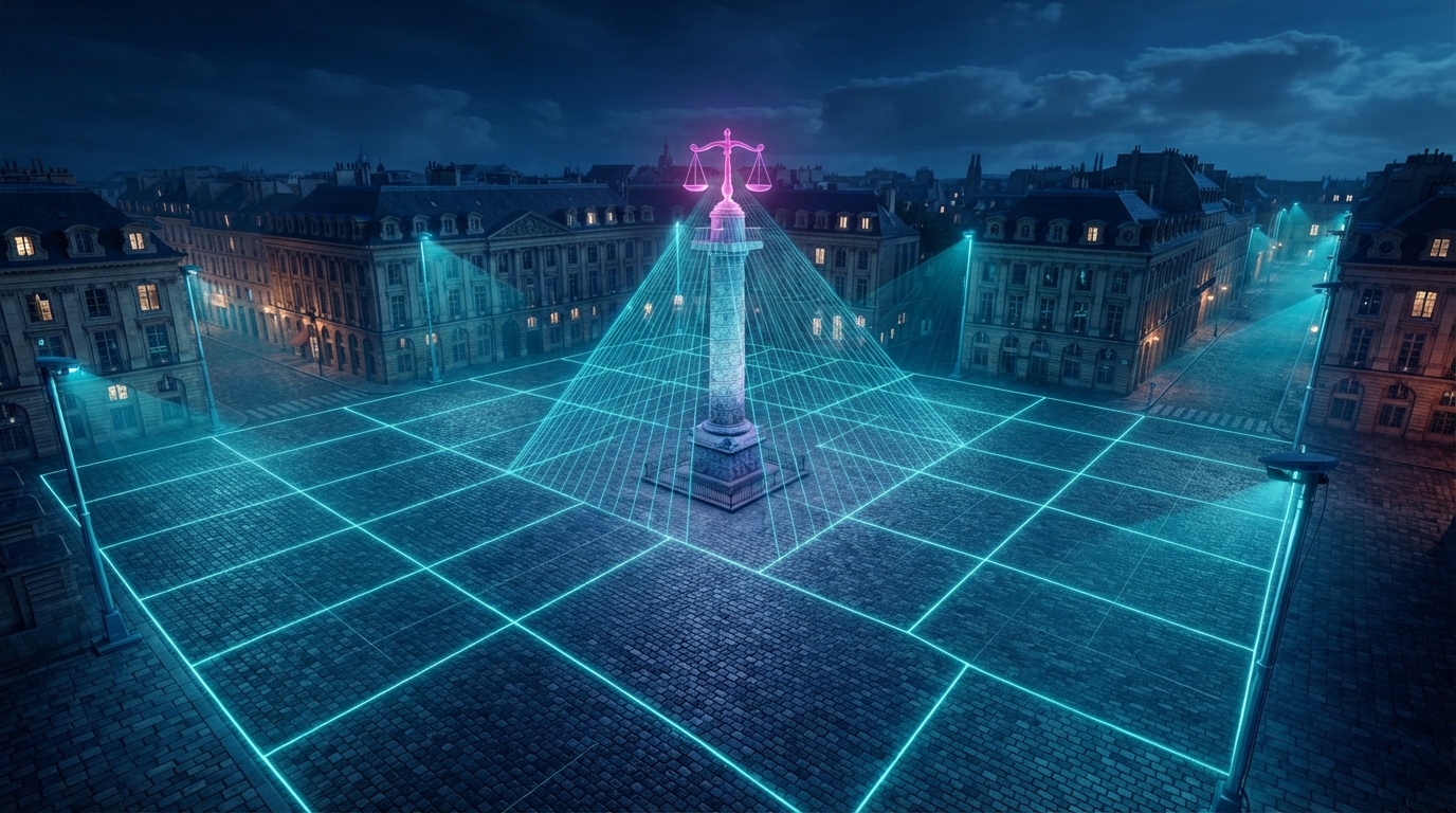 Nächtlicher europäischer Platz unter einem leuchtenden Raster aus Scannerlicht, in der Mitte eine Säule mit einer magentafarben leuchtenden Waage