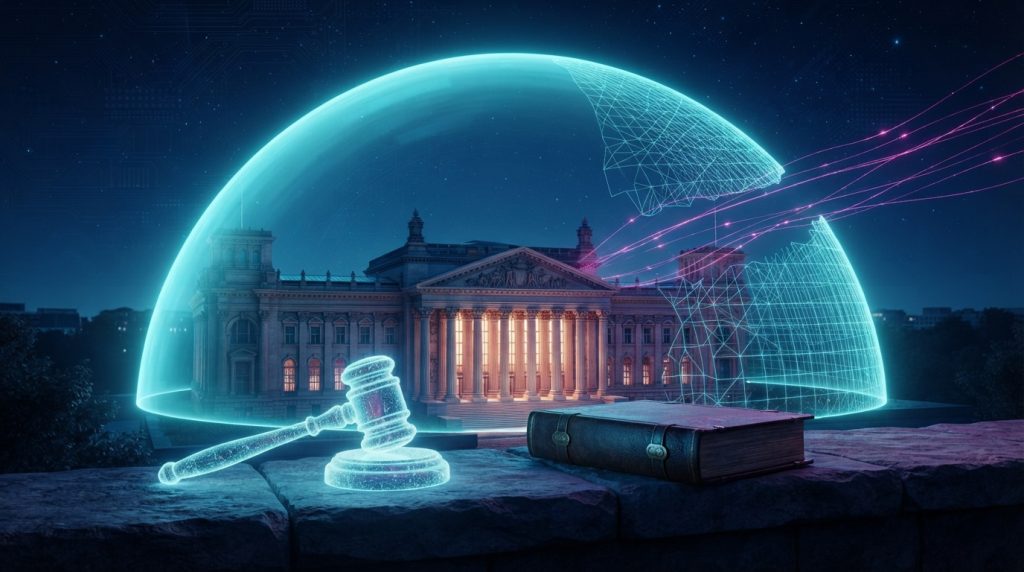 A translucent cyan shield dome over a glowing parliament building at night, with an unfinished gap in the shield where magenta data streams slip through, and a gavel of light beside a closed law book