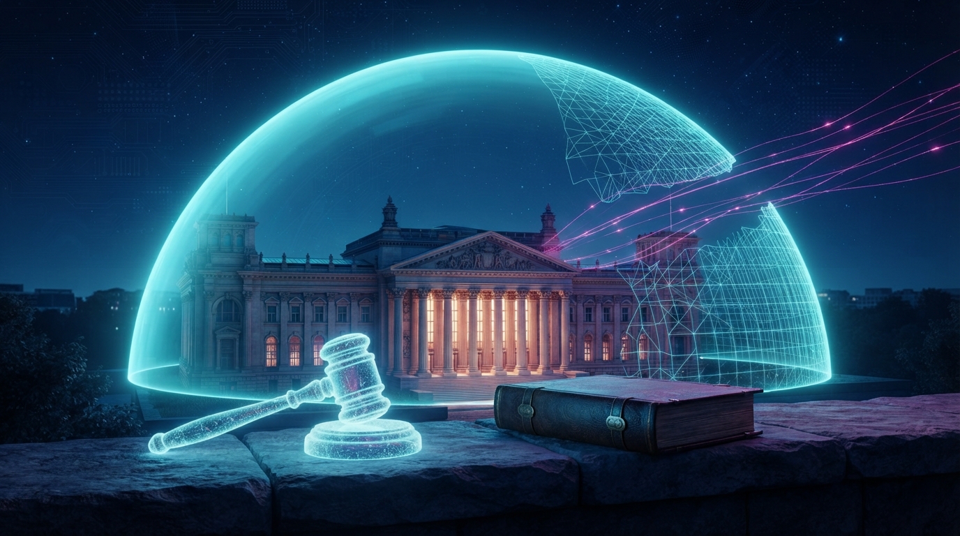 A translucent cyan shield dome over a glowing parliament building at night, with an unfinished gap in the shield where magenta data streams slip through, and a gavel of light beside a closed law book
