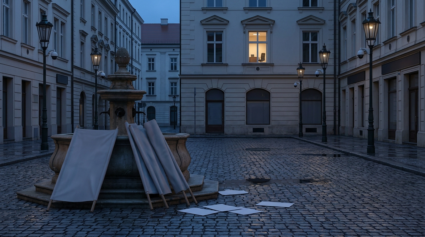 Leerer europäischer Platz zur blauen Stunde: gefaltete Transparente am Brunnen, Kamerakuppeln an den Laternen, ein erleuchtetes Fenster mit leerem Schreibtisch.