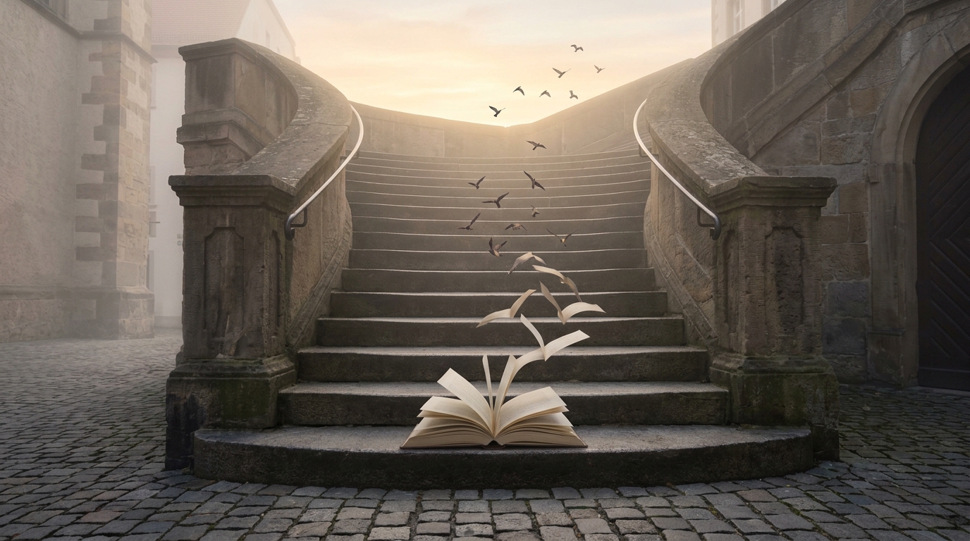 A winding stone staircase rises out of morning fog in a German old-town square, an open book on the lowest step releasing its pages as birds toward the dawn.