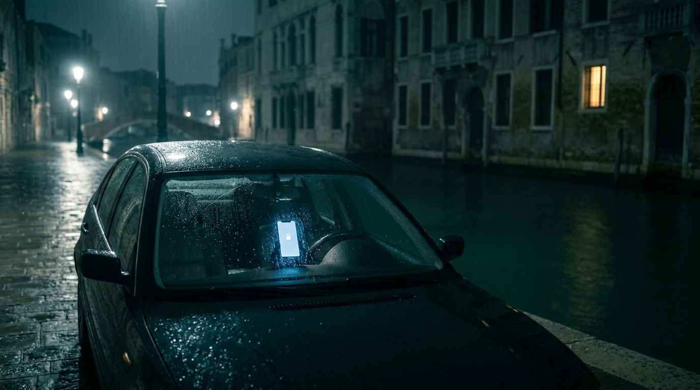 Ein geparktes Auto an einer regennassen Gracht bei Nacht, auf dem Armaturenbrett leuchtet ein gesperrtes Smartphone; gegenüber ein einzelnes erleuchtetes Fenster.