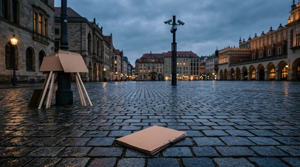 Ein leerer, regennasser Platz in einer deutschen Stadt in der Dämmerung nach einer Demonstration, eine Kamera auf einem Mast und eine geschlossene Akte auf dem Pflaster
