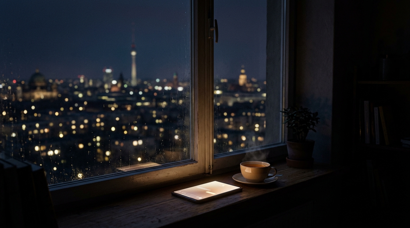 Ein Fensterbrett in einer Berliner Wohnung bei Nacht, ein leise leuchtender Bildschirm neben einer Tasse Tee, draußen die schlafende Stadt