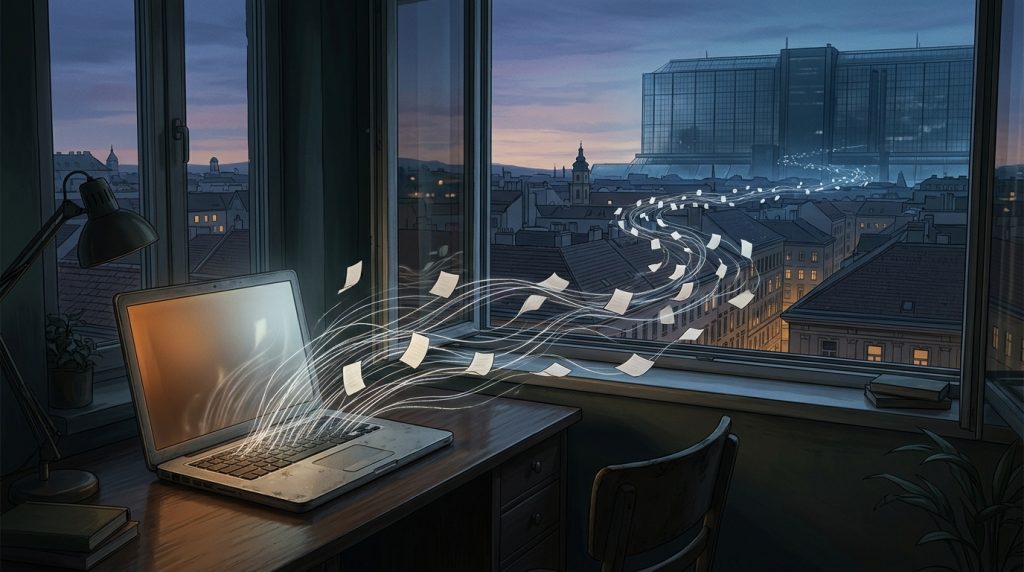 Ein Laptop an einem Fenster über den Dächern Wiens in der Dämmerung; Lichtfäden tragen leere Papierzettel zu einem fernen Glasgebäude