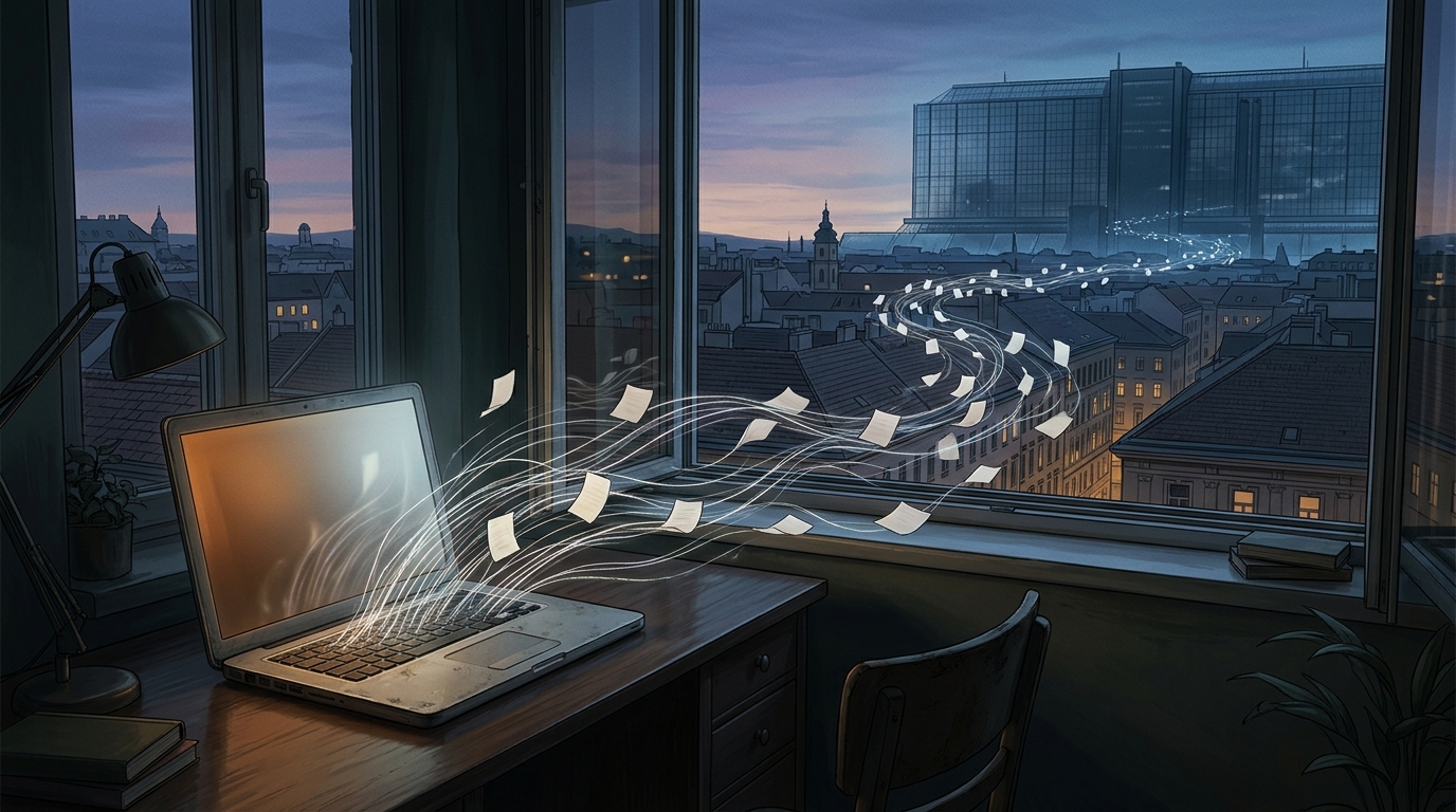 Ein Laptop an einem Fenster über den Dächern Wiens in der Dämmerung; Lichtfäden tragen leere Papierzettel zu einem fernen Glasgebäude